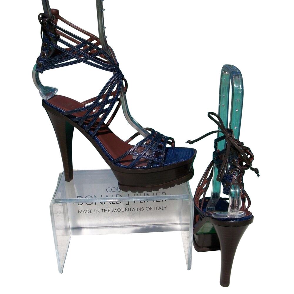 Donald Pliner Dark Blue Lizard Leather 1.5" Platform Shoe 5" Heel $495 NIB Sz 11
